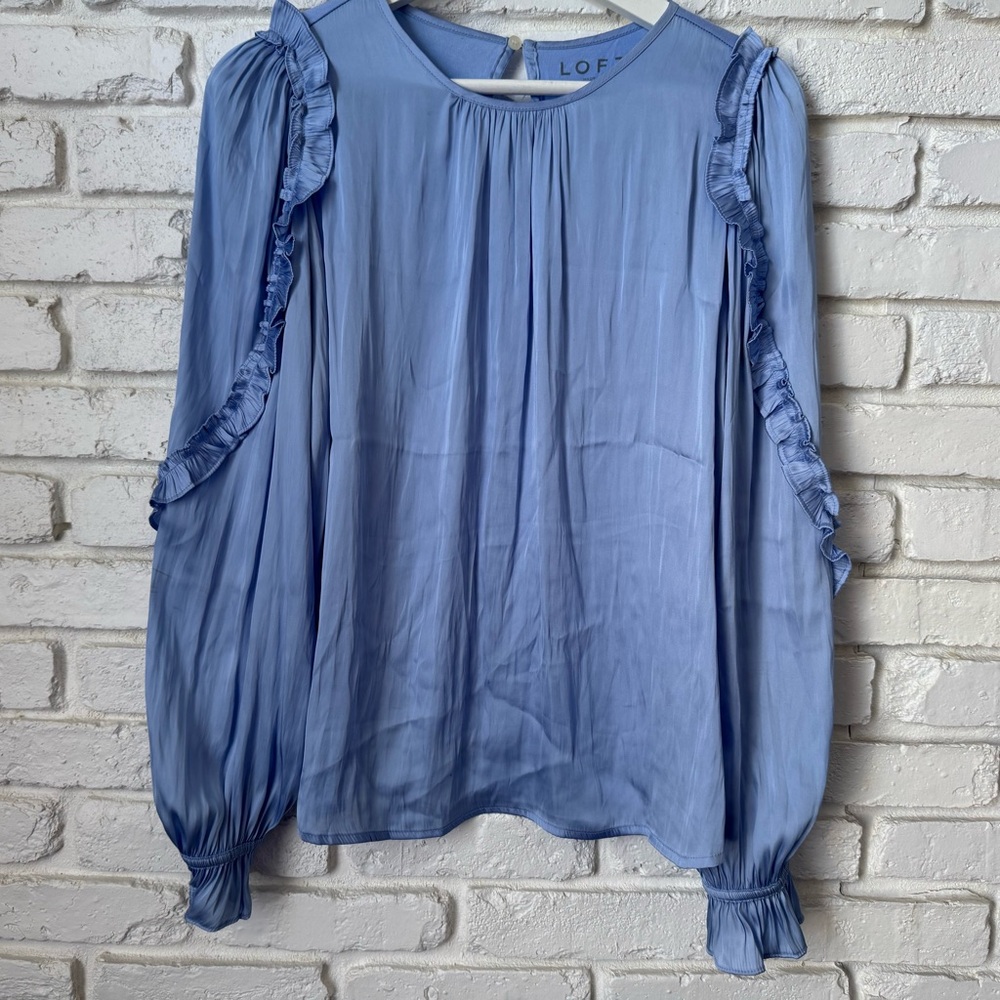 LOFT Blue Mided Media Ruffled Puff Sleeve Blouse